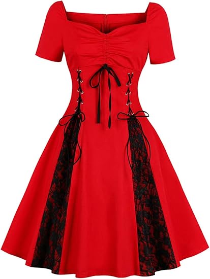 Amazon Simgahuva レディース 赤ドレス ワンピースレース リボン付き Aライン50年代60年代 結婚式パーティー 大きいサイズ Red Xxl ワンピース チュニック 通販