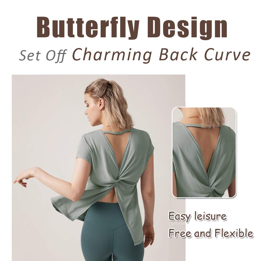 Women\'s Open Back Shirts Short Sleeve Top, Sexy Modal Backless T-Shirt Yoga Tops Dark Grey