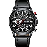 CRRJU Men's Watches, Business Casual Chronograph Quartz Waterproof Wristwatch Black Leather Strap Watch for Man