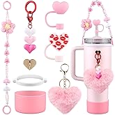 for Stanley Cup Accessories Set,Water Bottle Handle Strap, Siliocne Boot, Pink Straw Cover, Heart Charms, Straw Topper for Stanley Cup 40oz & 30oz Tumbler 8 Pcs
