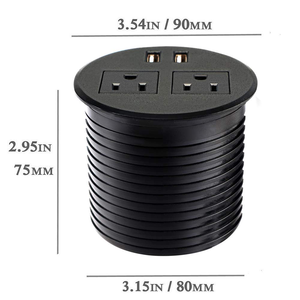 Leopardprintfans Desktop Power Outlet Hidden Power Grommet with 2 USB Charger and 2 Power Socket,Desk Hole Grommet Outlet with 6ft Extension Power Cords (Black)