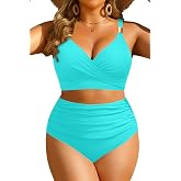 Plus Size Two Piece Swimsuit - Women High Waist Tummy Control Bathing Suit | Full coverage bikini set, Adjustable straps, Removable cups, V-neck, Twist front, Flattering shape via shirring