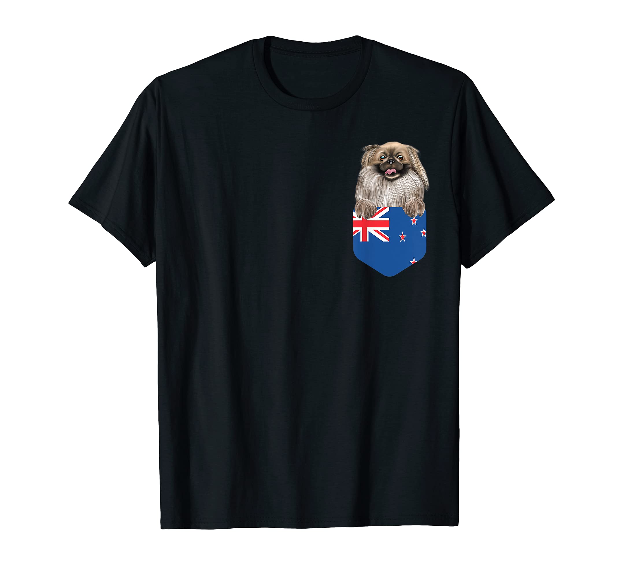 New Zealand Flag Pekingese Dog In Pocket T-Shirt