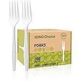 IDING Choice Compostable Forks No Plastic Silverware 200 count disposable cutlery flatware heavy duty party utensils Eco Friendly Heavyweight White Fork for Wedding Office BBQ Picnic Outdoor Event