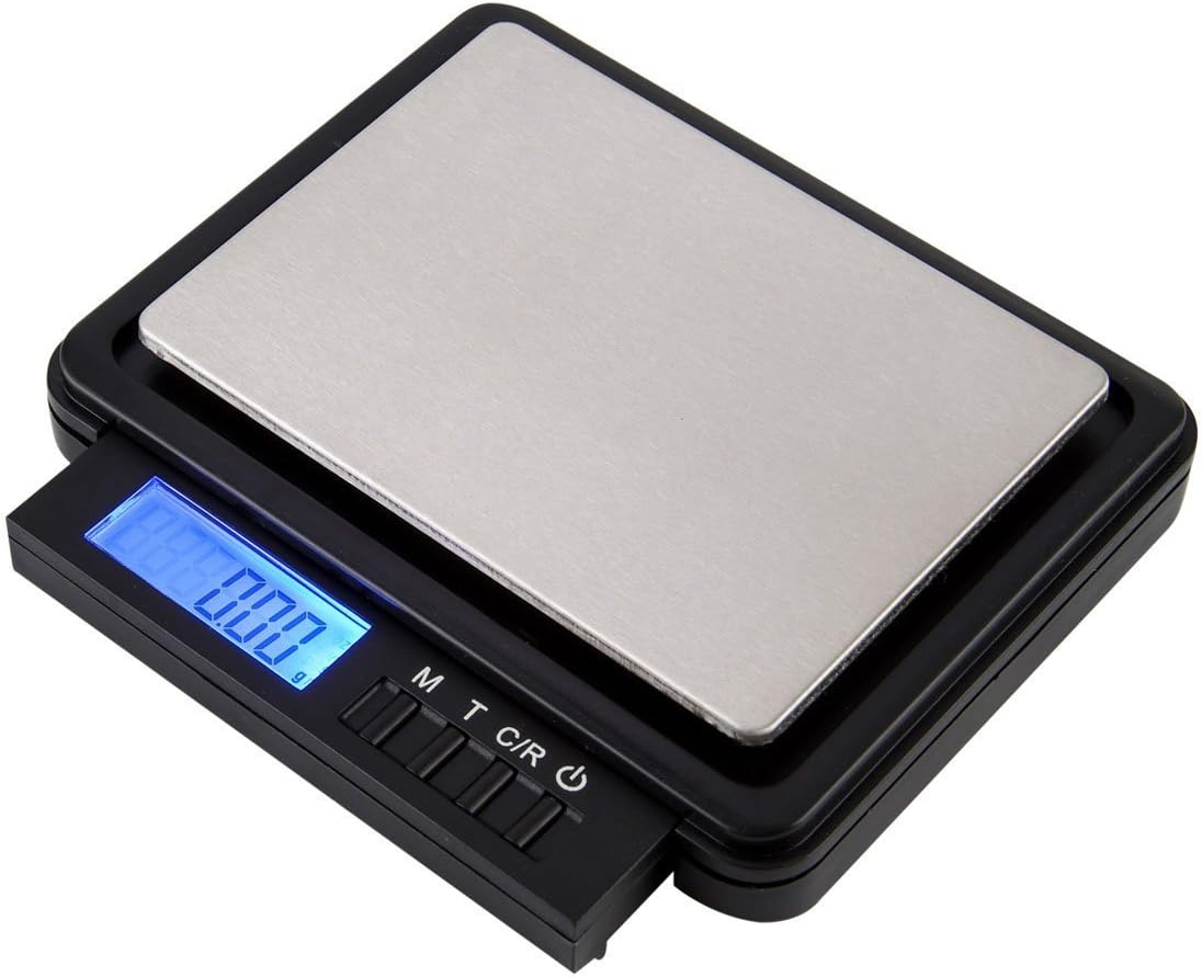 Dual weighing range and retractable keypad pocket scale 200g X 0.01g (High Precision mode) and 2000g X 0.1g (High Capacity mode)