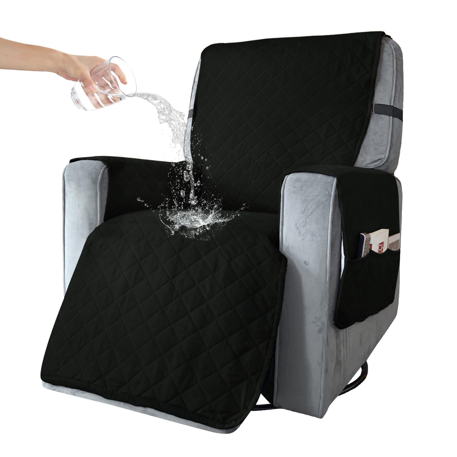 BXFUL Waterproof Recliner Chair Cover with Pockets, Elastic Strap, Non-Slip Chair Cover for Recliner Armchairs, 1 Seat Reclining Chair Cover, Anti-fouling Recliner Covers for Kids, Pets (S,Black)