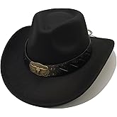Classic Western Cowboy Hat Cowgirl Hat Unisex Men's & Women's Wide Brim Felt Fedora Hat Flat Top with Buckle Belt