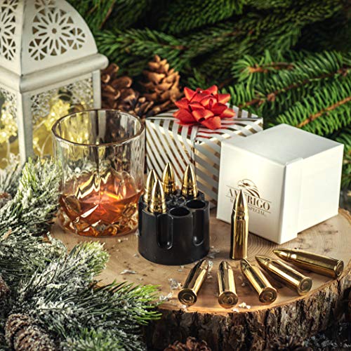 Whiskey Stones Bullets with Base - Gold XL Whiskey Ice Cubes Reusable - Cool Gifts for Men - Set of 6 Whiskey Bullets Stainless Steel in Revolver Base - Chilling Whiskey Rocks Gift Set by Amerigo