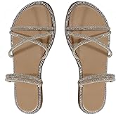 OYOANGLE Women's Rhinestone Strappy Open Toe Slide Sandals Slip on Casual Flat Sandals