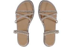OYOANGLE Women's Rhinestone Strappy Open Toe Slide Sandals Slip on Casual Flat Sandals