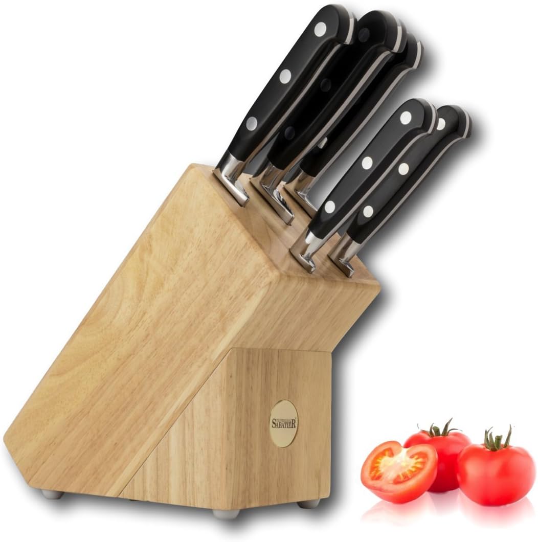 5 Piece Sabatier Professional Knife Block Set Solid Wood Block, Full