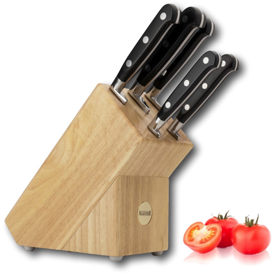 5 Piece Sabatier Professional Knife Block Set - Solid Wood Block, Full Tang, Quality High Carbon Steel Taper Ground Blades, Triple Rivet Comfort Handles. Sharper for Longer. by Taylors Eye Witness