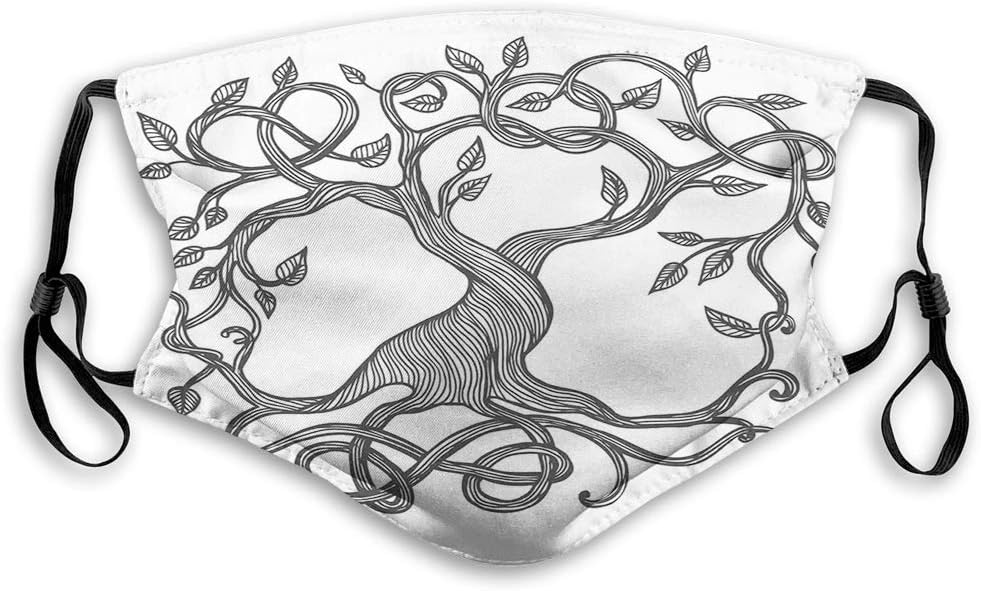 Comfortable Printed mask,Celtic, Sketchy Figure of A Single Celtic Tree of Life with Swirly Long Branches and Roots, Black White,Windproof Facial decorations for Adults Size：M