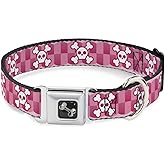 Buckle-Down Seatbelt Buckle Dog Collar - Cute Skulls w/Checkers Pinks/White - 1