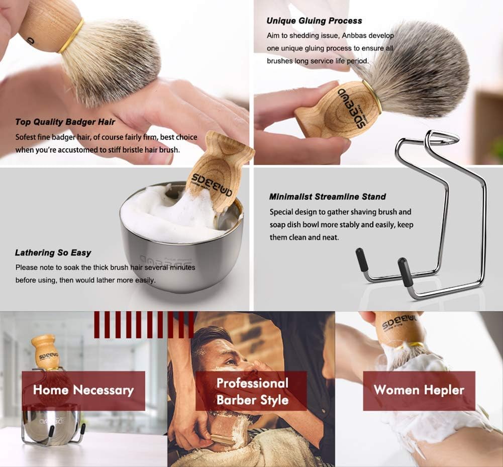 Anbbas Badger Hair Shaving Brush with Wooden Handle Stainless Steel Shaving Stand and Shaving Soap Bowl for Men Wet Shave - Image 4