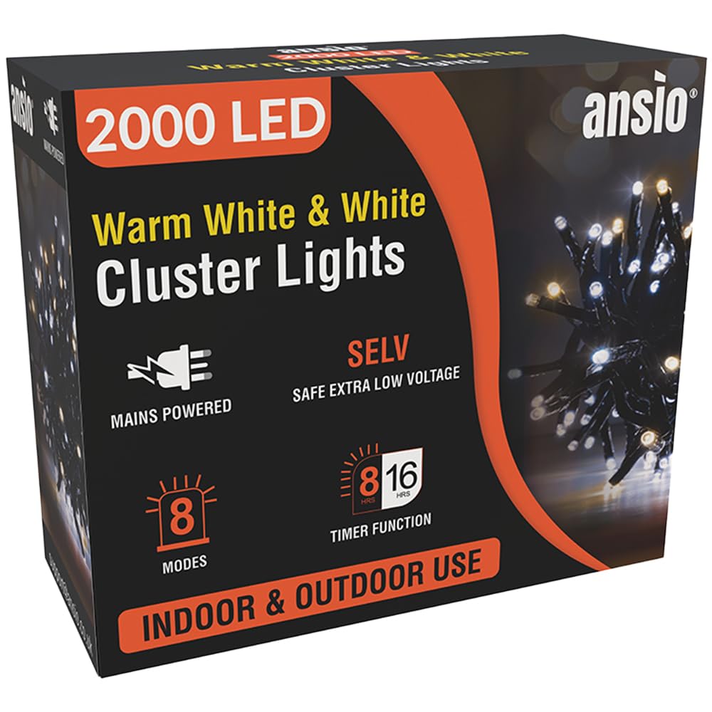 ANSIO® Christmas Lights 2000 LED 24m/78ft Cluster Christmas Tree Lights for Indoor & Outdoor Warm White & Cool White Decorations Fairy Lights with Timer for Xmas Garden & Party | Mains Powered…