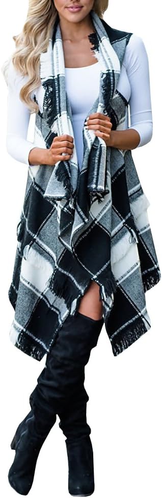 Soulomelody Womens Sleeveless Plaid Tassel Cloak Flannel Fall Long Cardigan Open Front Drape Cape Vest with Fringes