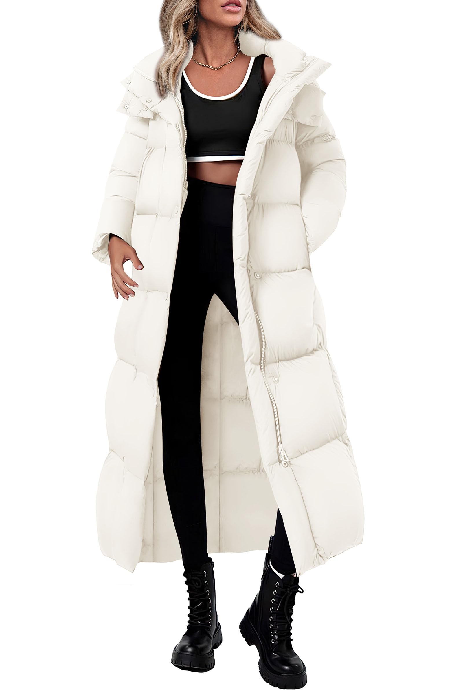 Photo 1 of PRETTYGARDEN Women's Winter Long Puffer Coats Hooded Zip Up Casual Thickened Down Jackets Trendy Warm Clothes Outerwear (Beige,Small)