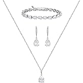 SWEETV Bridal Jewelry Set for Wedding, Cubic Zirconia Necklace Dangle Drop Earrings Bracelet Set, Teardrop Marquise Brides Bridesmaids Wedding Prom Anniversary Jewelry Gifts for Women