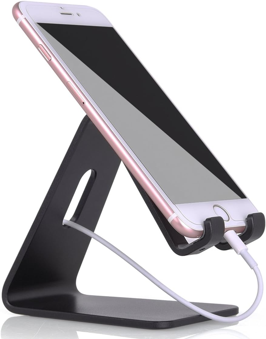 Desktop Cell Phone Stand, Portable Aluminum Smartphone Holder Cellphone Cradle Universal Holder Stand Mobile Smart Dock Mount for Smartphones and Tablets (Black)