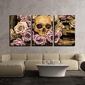 Human Skull Roses Background - Canvas Art Wall Art - 16"x24"x3 Panels