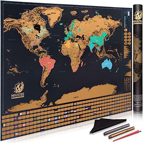 Scratch Off World Map (24x32") - Interactive Travel Map Tracks Vacations - Sleek, Elegant Design Perfect for Home or Office - Includes Erasable Gold and Silver Markers - Premium Glossy Finish
