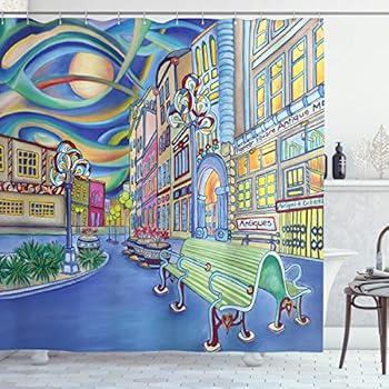Ambesonne Abstract Home Decor Collection, Seattle Downtown Modern City Colorful Design Art Oil Painting Effect, Polyester Fabric Bathroom Shower Curtain Set with Hooks, Blue Mint Yellow Green