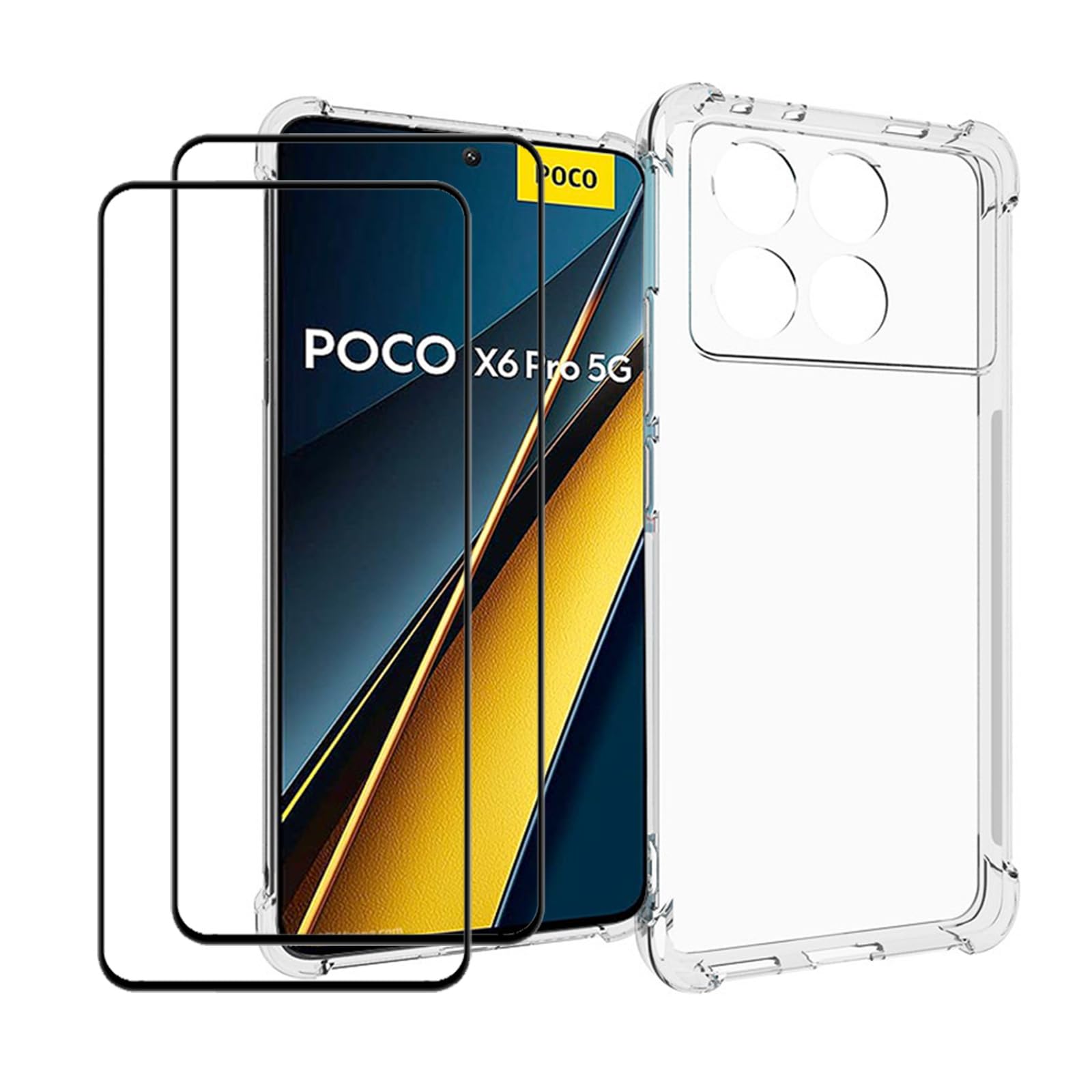 MMlife for Xiaomi Poco X6 Pro 5G Case with Tempered Glass (2 Pieces) Slim Shock Absorption TPU Soft Edge Bumper with Reinforced Corners Transparent Protective Cover