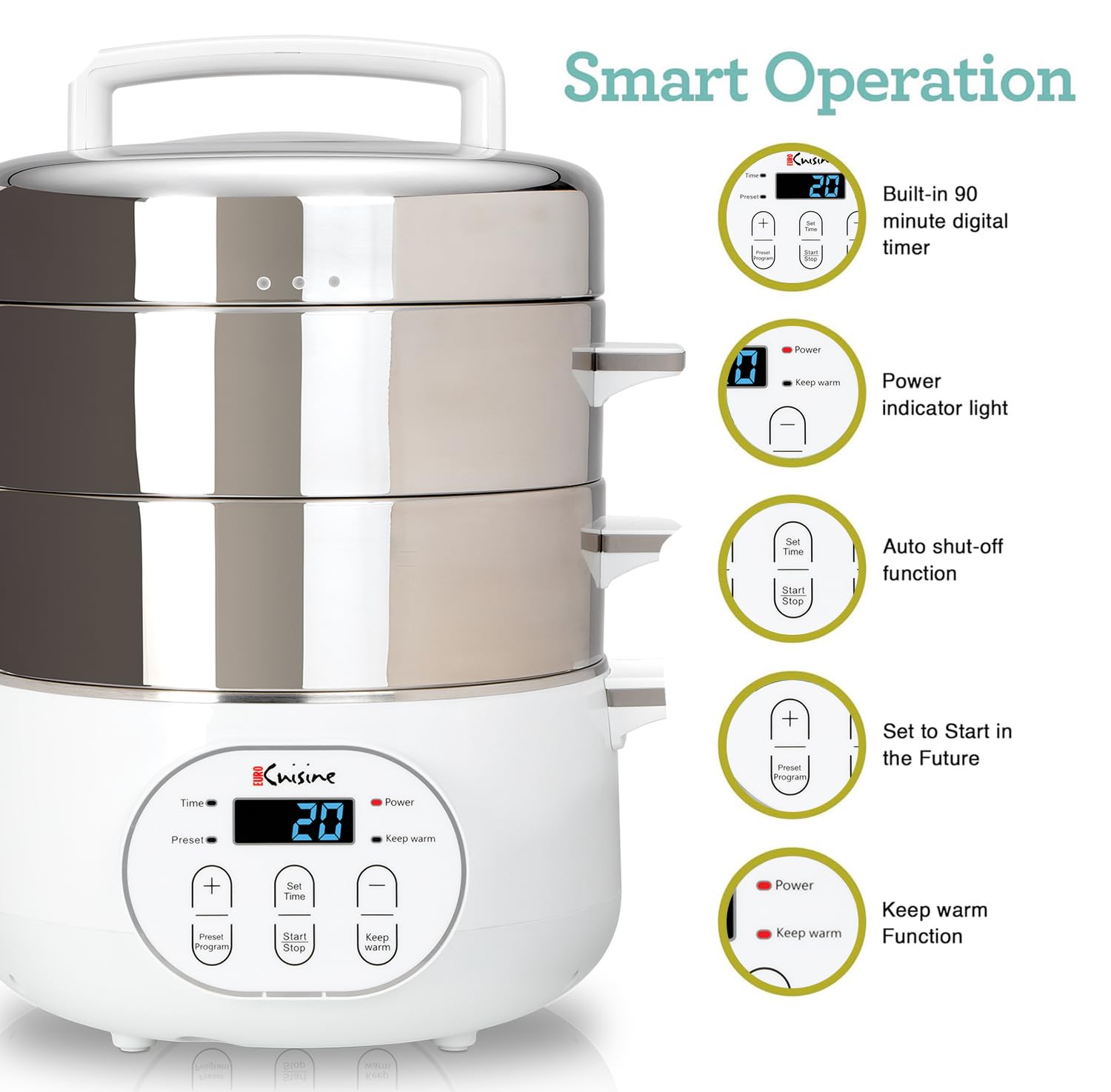 Euro Cuisine FS2500 Electric Food Steamer, Versatile Vegetable Steamer & Steam Cooker Ideal for Fish, Veggie, Meat, Stainless Steel 1200 Watts