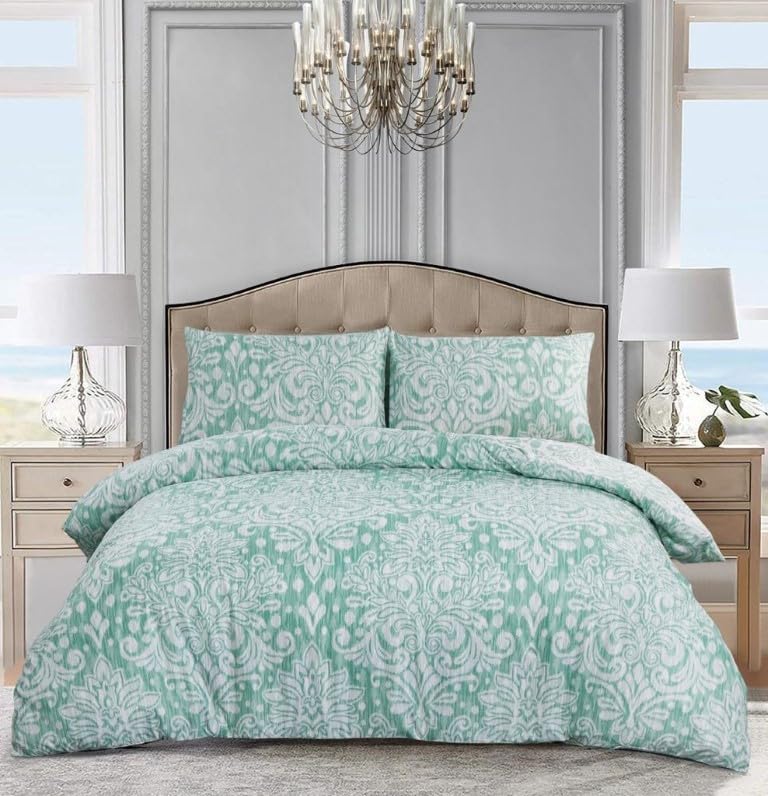 PRIME LINENS Duvet Cover Set 4 Pcs Brushed Microfibre Quilt Cover Bedding Set With Pillow Cases and Extra Fitted Sheet Included (Royal Damask Green, King)