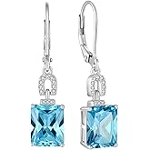 Inpasne Emerald Cut Earrings 925 Sterling Silver Baguette Birthstone Dangle Drop Leverback Earrings Jewelry Gifts for Women