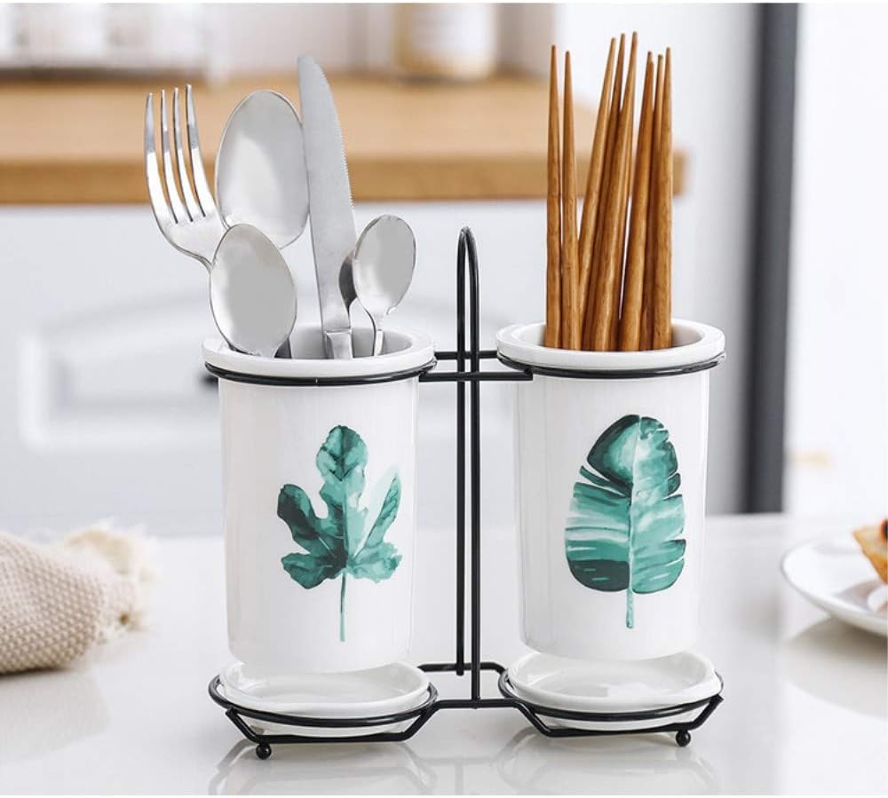 Amazon Kingzuo 陶磁器 はし立て 2個一体型 葉の花柄 丸型 シンプル おしゃれ かわいい 箸立て お箸立て 箸入れ カトラリースタンド 箸スタンド キッチンツールスタンド 水切り キッチンツール 調理器具 キッチン用品 卓上用品 キッチン収納 台所収納 北欧