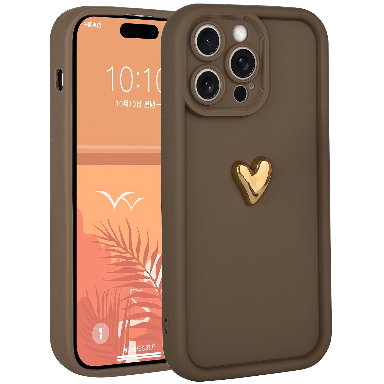 Aleviker Cases for iPhone 15 Pro Max Cute 3D Golden Heart Design Soft Shockproof Slim Protective Silicone Phone Cover for Women Girls Brown
