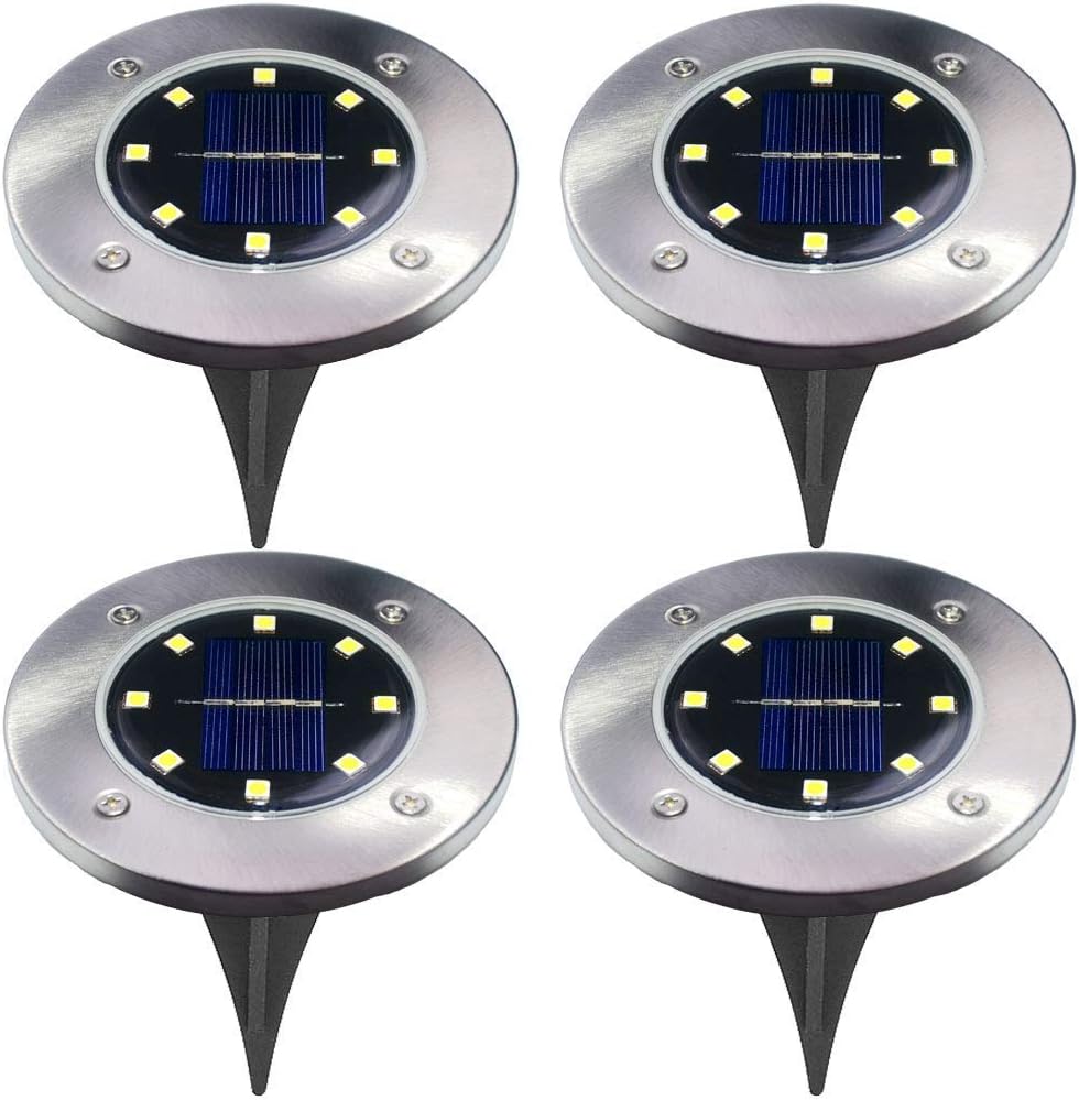 4Pcs 8 LED Solar Powered Ground Lights Outdoor lamp Waterproof LED Solar Path Lights Garden Landscape Spike Lighting for Yard Driveway Lawn Pathway (White)
