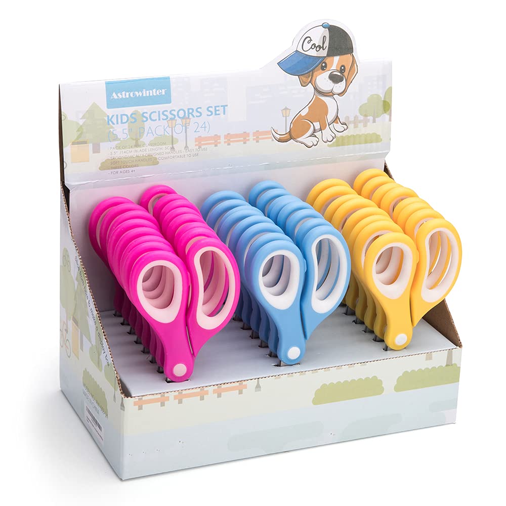 Astrowinter Kids Scissors (24 Count Teacher Pack, Rounded-tip, 14 cm) - 5.5'' Soft Touch Blunt School Student Scissors Shears AW-003-R24