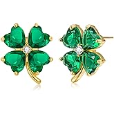 VONSSY Four Leaf Clover Necklace Earrings Shamrock Irish ST Patricks Jewelry Set Gift 18k Gold Plated Green Emerald Zircon Diamond Crystal Lucky Saint Pendant for Woman Wife Girlfriend Mom