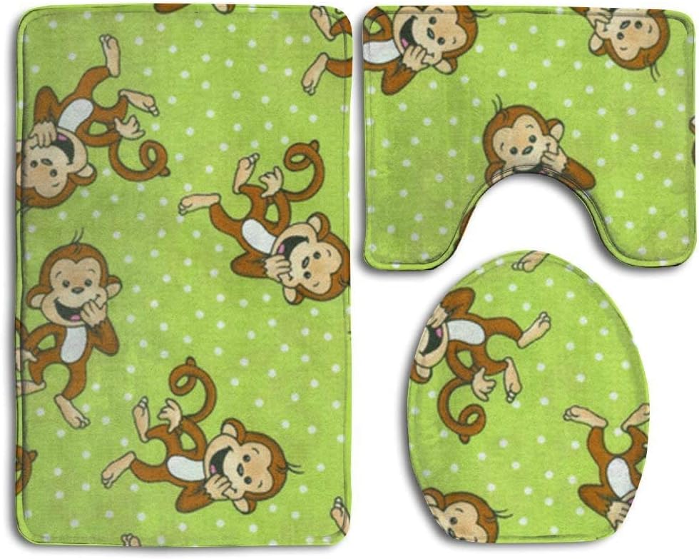 NEWcoco Green Clever Monkey 3-Piece Soft Bath Rug Set Includes Bathroom Mat Contour Rug Lid Toilet Cover Home Decorative Doormat