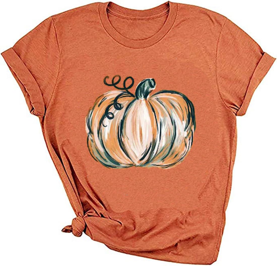 Photo 1 of ***(MINOR DAMAGE/ SEE NOTES FOR DETAILS)***Womens Halloween Pumpkin Shirts Funny Leopard Pumpkin Fall Graphic Tees Tops Cute Thanksgiving Casual Short Sleeve(L,Orange-2)