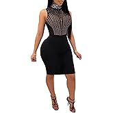 PORRCEY Women's Sexy Elegant Rhinestone Mesh See Through Bodycon Party Club Night Prom Dress