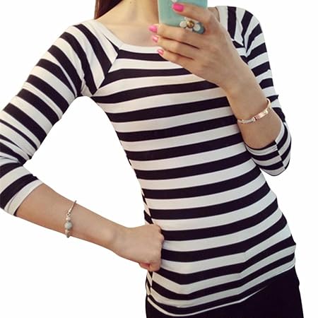 HUIHUI Damen Mode Baumwolle Blusen Lose Elegant T Shirt O-Ausschnitt Slim Fit Blusenshirt Plus Size Striped Baumwolle Bluse F