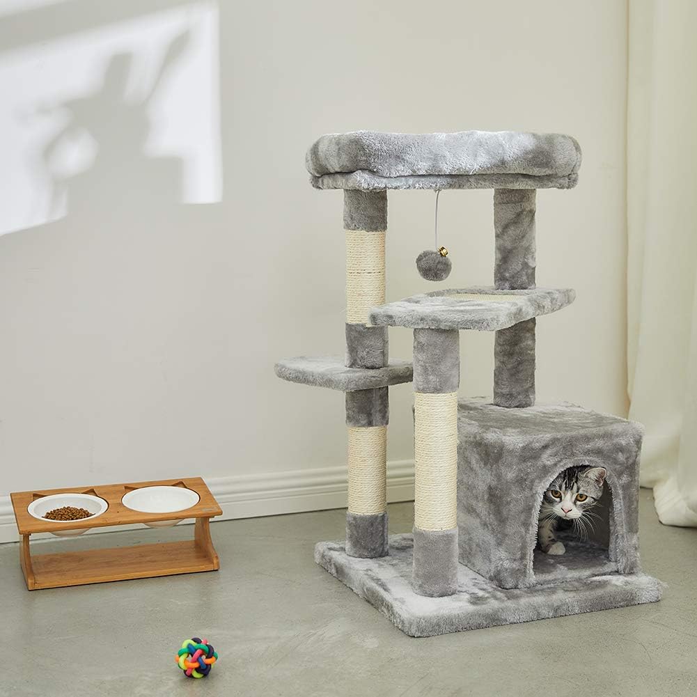 SUPERJARE Cat Tree with Extra Scratching Board & Posts, Kitten Tower Center with Plush Perch and Dangling Ball, Pet Play Condo Furniture - Gray : Pet Supplies