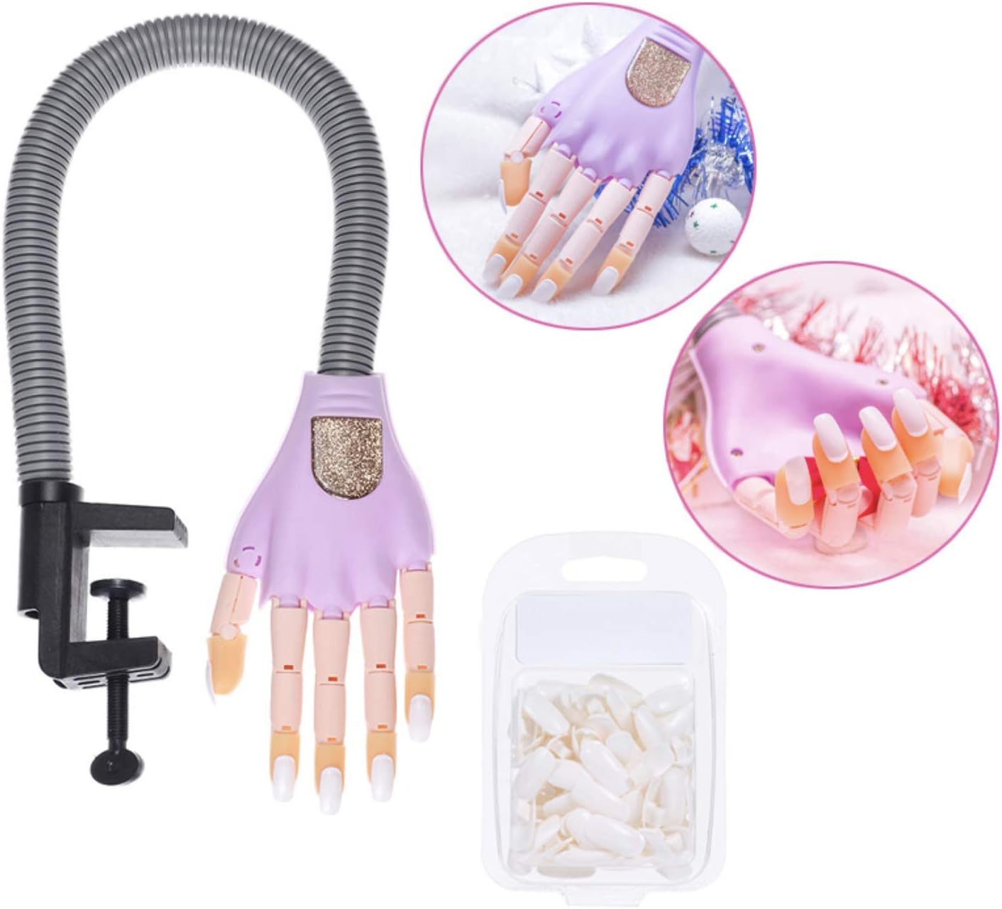 MARBERAdjustable Nail Art Model Hand Practice DIY Trainer Hand Manicure Model Fake Hand with 100pcs Same Size Fake Nails For Nail Art Practice, Nails Starter Training (Trainer Hand-2)