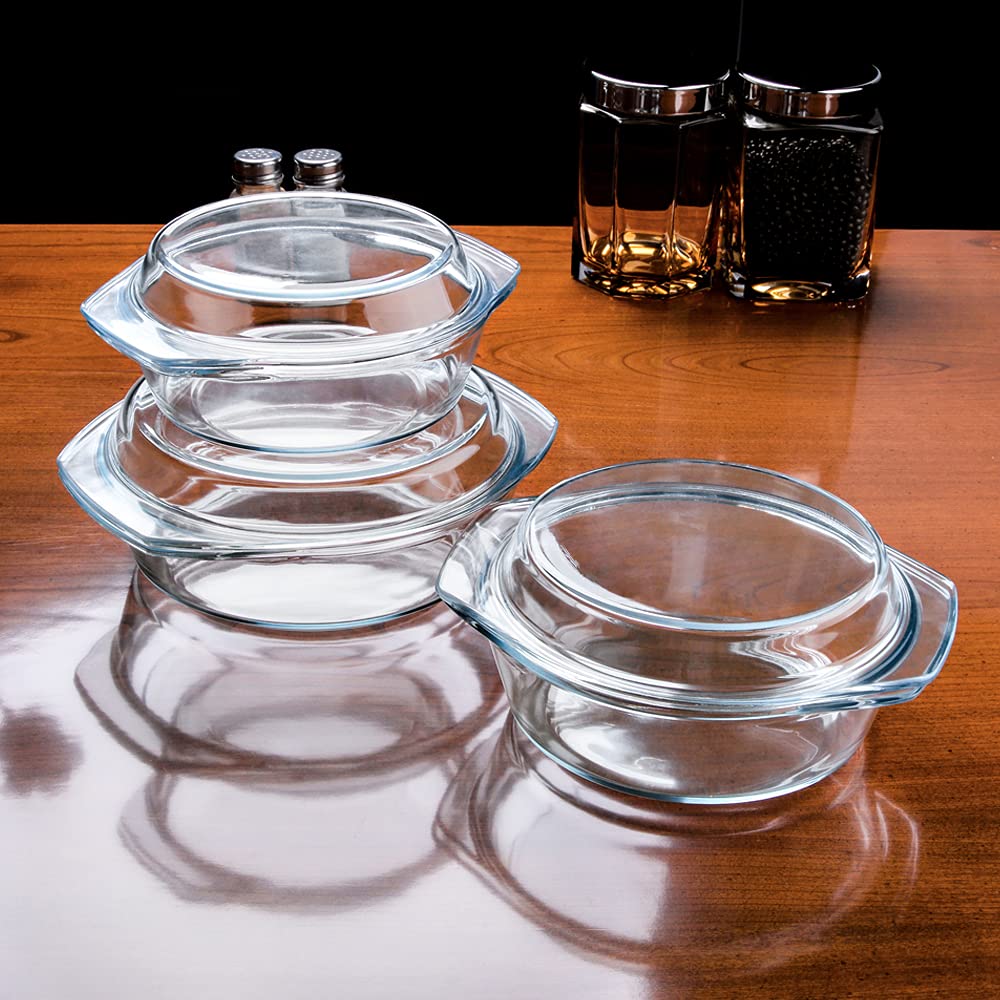 Set of 6 Pieces Round Tempered Glass Casserole Dish with Lids, Glass Casserole Baking Dish Set for Oven, Freezer and Dishwasher Safe - 1QT+1.5QT+1.8QT