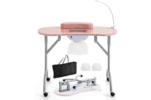 DORTALA Portable Nail Desk, Nail Table Station for Nail Techs w/Electric Dust Collector, Bendable LED Lamp, Removable Armrest Pad, Folding Manicure Table with Lockable Wheels for Home, Salon, Pink