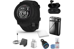 Garmin Instinct 2 Solar - Black (45MM) + Wireless Headphones + Watch Charging Stand + USB Car/Wall Adapter + 6TH AVE Cleaning Kit + Sweat Workout Towel (010-02627-13)