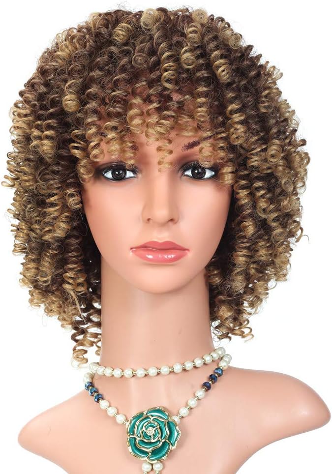 12 Inches Short Hair Afro Kinky Curly Wigs Mixed Brown and Blonde Color for Women High Temperature Fiber (T27/33)