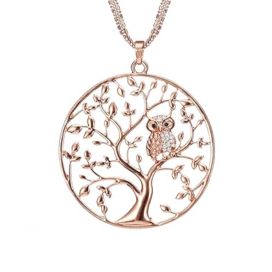 Ouran Lange Halskette für Frauen, Baum des Lebens mit Eule Anhänger Halskette für Mädchen Rose Gold und Silber Halskette mit 