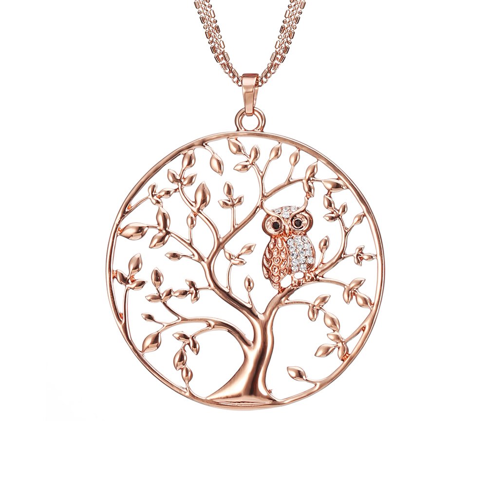 Necklace for Women Tree of Life with Cute Owl with CZ Crystal Pendant Necklace for Girls Silver Long Chain Necklace (Silver Plated)