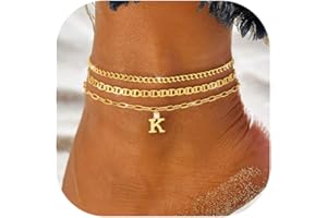 KOHOTA Initial Gold Ankle Bracelets for Women Waterproof 14K Gold Plated Anklets for Women Non Tarnish CZ Letter A-Z Dainty Layered Anklet Trendy Adjustable Foot Chain Set Summer Beach Jewelry Gifts