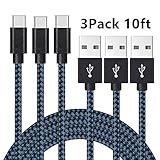 AOKER Type C Cable, AOKER 3 Pack 10ft(3m) Nylon Braided Fast Type C Charging Cord for Samsung Galaxy S8, S8 Plus, ZTE Zmax Pro Z981, Google Pixel/Pixel XL, Nexus 6p, LG G6 (10ft(3m) Black Blue)